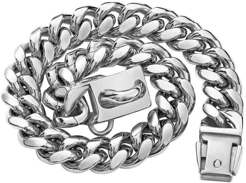 14mm Pet Dog Collar Stainless Steel Cuban Chain Lock Buckle Gold Silver - Premium all pets - Just $49.26! Shop now at Animal Bargain