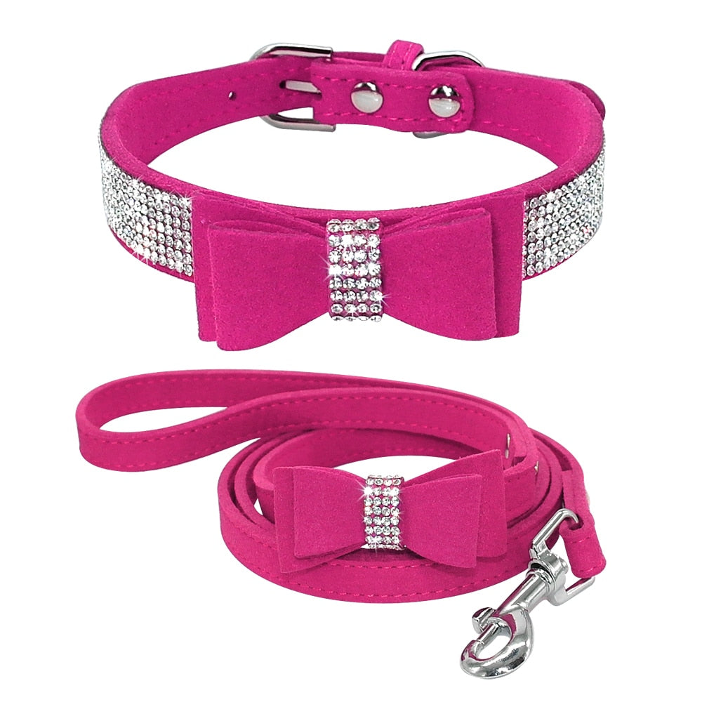 Bling Bowknot Suede Leather Rhinestone Dog Collar and Leash Set Pet Puppy Cat Chihuahua Collars For Small Medium Dogs Cats Pink - Premium all pets - Just $14.85! Shop now at Animal Bargain
