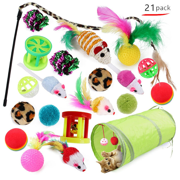 21Pcs Cat Toys Kit Collapsible Tunnel Cat toy Fun Channel Feather Balls Mice Shape Pet Kitten Dog Cat Interactive Play Supplies - Premium all pets - Just $17.55! Shop now at Animal Bargain