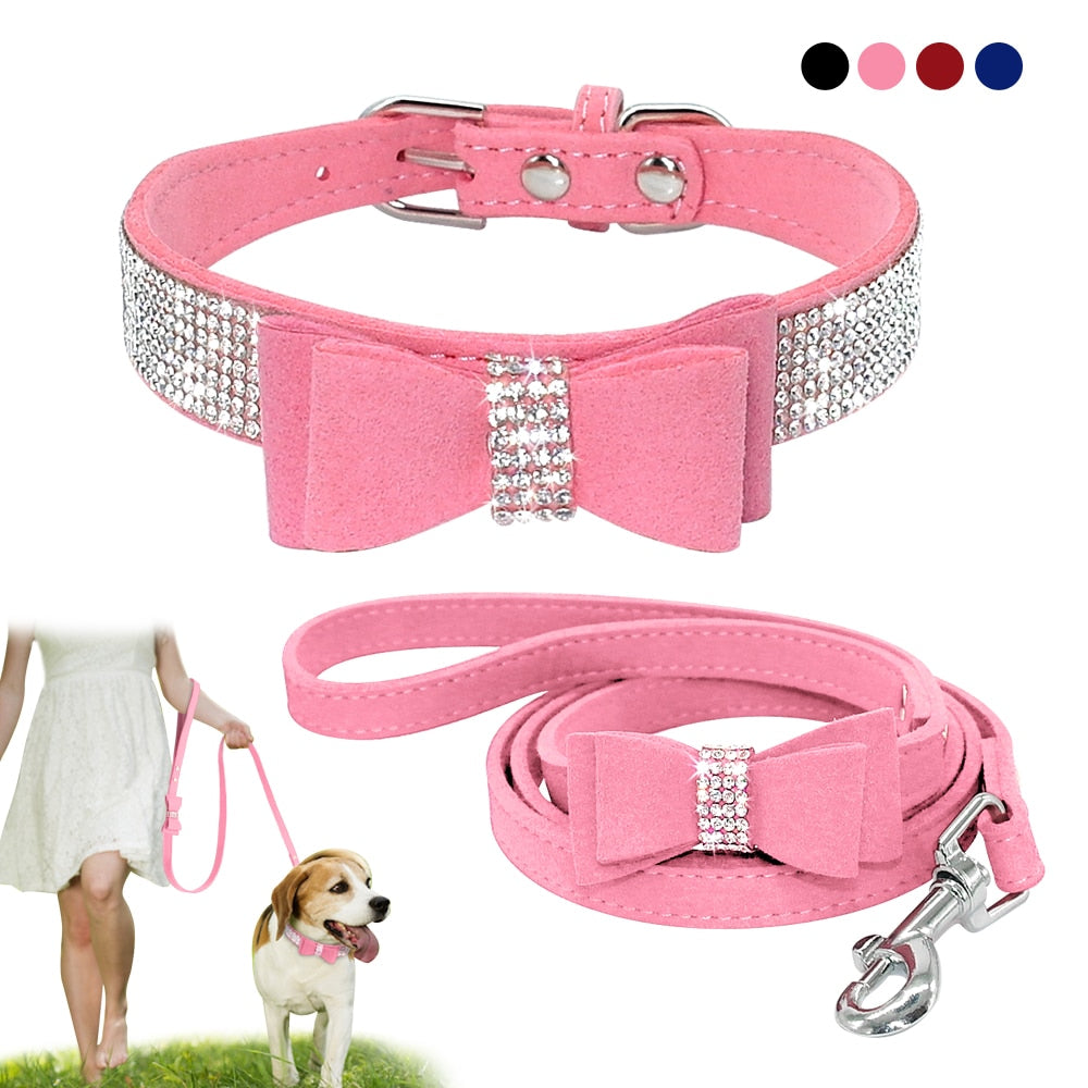 Bling Bowknot Suede Leather Rhinestone Dog Collar and Leash Set Pet Puppy Cat Chihuahua Collars For Small Medium Dogs Cats Pink - Premium all pets - Just $14.85! Shop now at Animal Bargain