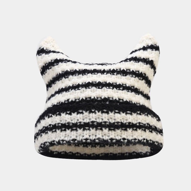New Japanese Streetwear Harajuku Beanie Little Devil Striped Knitted Hat Women Girls Autumn Winter Cute Cat Ears Cap - Premium Apparel + outfits - Just $33.75! Shop now at Animal Bargain