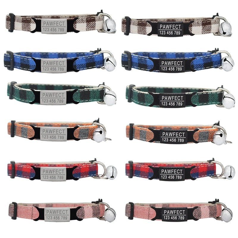 Plaid Cat Collar Personalized ID Small Dog Collars Safety Buckle Free Engraving Adjustable with Bell for Puppy Kittens Necklace - Premium Collars + Leashes - Just $25.65! Shop now at Animal Bargain